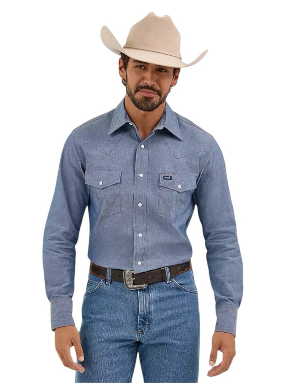 Wrangler Cowboy Cut Western Denim Shirt Men's 15x33 Medium Chambray